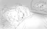  2girls 556_(rzrv7332) animal_ears bed bed_sheet cat_ears cat_girl draculina_(last_origin) eye_mask last_origin long_hair mole mole_under_mouth monochrome multiple_girls pillow poi_(last_origin) simple_background sleeping very_long_hair 