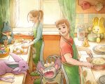  1boy 1girl apron aspear_berry bottle commentary cooking cup curtains drawing elekid espeon food illustrator indoors kitchen kitchen_knife milk_bottle milk_carton moomoo_milk munchlax oddish oliver_hamlin open_mouth painting_(medium) pancake pikachu pokemon pokemon_(creature) purugly rotom rotom_(other) slippers squirtle sunlight tail teacup timer traditional_media watercolor_(medium) window 