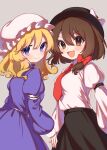  2girls :d black_headwear blonde_hair bow brown_eyes brown_hair dress e_sdss hat highres juliet_sleeves long_sleeves looking_at_viewer maribel_hearn mob_cap multiple_girls necktie open_mouth puffy_sleeves red_necktie shirt skirt smile touhou usami_renko violet_eyes white_shirt 