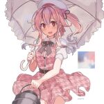  1girl belt belt_buckle beret black_belt blush buckle buttons collared_shirt cowboy_shot dress gradient_hair hair_between_eyes harusame_(kancolle) hat highres holding holding_umbrella kantai_collection long_hair multicolored_hair official_alternate_costume open_mouth pink_dress pink_eyes pink_hair puffy_short_sleeves puffy_sleeves shirt short_sleeves side_ponytail smile solo sugue_tettou twitter_username umbrella white_headwear white_shirt 