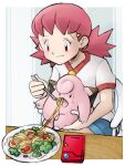  1girl blush_stickers chair clefairy fang feeding food fork holding holding_fork nark on_lap open_mouth pasta pink_eyes pink_hair plate pokedex pokemon pokemon_(creature) pokemon_(game) pokemon_hgss shorts sitting smile spaghetti whitney_(pokemon) 