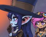  2girls :d alternate_ears alternate_form armor bangs black_hair black_headwear blue_eyes brown_gloves caitlyn_(league_of_legends) clenched_hand fang gloves goggles goggles_on_head gradient gradient_background grey_background hand_up large_hat league_of_legends long_hair multiple_girls open_mouth phantom_ix_row pink_eyes pink_hair pointy_ears red_background shiny shiny_hair slit_pupils smile sweatdrop vi_(league_of_legends) yordle 