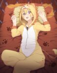  1girl animal_costume blonde_hair blush crib embarrassed fang highres idolmaster idolmaster_shiny_colors kozuka_yasushi lion_costume lion_tail lying on_back onesie pajamas paw_pose paw_print saijo_juri short_hair solo sweat tail violet_eyes 