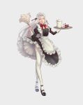  1girl alternate_costume apron cake cup dress edelgard_von_hresvelg fire_emblem fire_emblem:_three_houses food fruit grey_hair highres long_hair long_sleeves looking_at_viewer maid maid_apron maid_headdress pomelomelon smile smug solo thigh-highs violet_eyes 