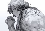  1boy cloak closed_mouth constantine_xi_(fate) curtained_hair earrings fate/grand_order fate_(series) from_side gloves greyscale highres jewelry long_hair looking_ahead male_focus monochrome own_hands_clasped own_hands_together profile qmiqun serious simple_background solo upper_body white_background 