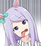  1girl animal_ears baseball_jersey bow commentary hair_bow hanshin_tigers head_tilt horse_ears horse_girl long_hair mejiro_mcqueen_(umamusume) portrait purple_hair solo super_masara tongue tongue_out umamusume violet_eyes 