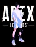  1girl absurdres alternate_costume apex_legends bangs black_background black_hair electricity english_commentary hair_behind_ear hair_bun hands_in_pockets highres mika_(mikvoh) parted_bangs parted_lips shirt shoes shorts sneakers solo white_footwear white_shirt white_shorts wraith_(apex_legends) 