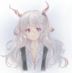 1boy animal_ears arknights bangs closed_mouth collarbone collared_shirt commentary_request dress_shirt gradient gradient_background grey_background hair_between_eyes horns kreide_(arknights) long_hair looking_at_viewer male_focus shirt smile solo suspenders upper_body violet_eyes white_background white_hair white_shirt yunxishuijian