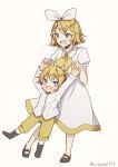  annoyed aryuma772 ascot black_footwear blonde_hair blue_eyes blush bow brother_and_sister carrying child_carry dress evillious_nendaiki fang gretel_(evillious_nendaiki) hair_ornament hairclip hansel_(evillious_nendaiki) highres holding_hands kagamine_len kagamine_rin lifting_person male_child mary_janes neckerchief open_mouth pants shirt shoes siblings skin_fang sweatdrop twins vocaloid white_bow white_dress white_shirt yellow_ascot yellow_neckerchief yellow_pants younger 