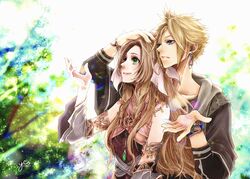  1boy 1girl aerith_gainsborough alternate_costume bangs bare_shoulders blonde_hair blue_eyes bracelet breasts brown_hair cloud_strife couple detached_sleeves earrings final_fantasy final_fantasy_vii final_fantasy_vii_remake green_eyes grey_hoodie hair_between_eyes hair_down hair_ribbon hand_up highres hood hoodie jewelry lens_flare long_hair looking_to_the_side medium_breasts multicolored_clothes ornate_clothes outdoors parted_bangs parted_lips pink_ribbon ribbon short_hair sidelocks smile spiky_hair upper_body wavy_hair wide_sleeves wristband yco_030601 