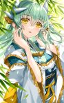  1girl bangs blush dragon_girl dragon_horns fate/grand_order fate_(series) green_hair hands_up highres horns japanese_clothes kimono kiyohime_(fate) long_hair looking_at_viewer morizono_shiki parted_lips smile solo white_kimono yellow_eyes 