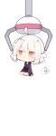  1girl :&lt; ahoge bangs beni_shake black_dress black_jacket chibi commentary_request crane_game dress fate/grand_order fate_(series) fur-trimmed_jacket fur-trimmed_sleeves fur_trim highres jacket jeanne_d&#039;arc_alter_(fate) jeanne_d&#039;arc_alter_(ver._shinjuku_1999)_(fate) long_sleeves looking_away open_clothes open_jacket orange_eyes parted_lips signature simple_background sitting solo triangle_mouth white_background white_hair 