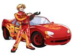 1boy black_gloves blonde_hair car cars_(movie) gloves gloves_removed green_eyes grin ground_vehicle highres lightning_mcqueen male_focus motor_vehicle personification putting_on_gloves racing_suit smile solo tina_fate 