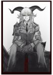 1girl animal_ears applepiesuko arknights armband collared_shirt degenbrecher_(arknights) goat_ears goat_girl goat_horns greyscale hair_between_eyes highres horns kjerag_logo looking_at_viewer military military_uniform monochrome necktie pants parted_lips shirt sitting sketch solo spot_color uniform yellow_eyes 