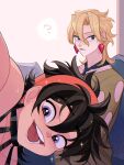 2boys :d ? arm_up bangs black_hair blonde_hair blush clothing_cutout couch earrings food-themed_earrings ginmu headband holding holding_paper jewelry jojo_no_kimyou_na_bouken leaning_to_the_side long_hair looking_to_the_side male_focus messy_hair multiple_boys narancia_ghirga necktie on_couch open_mouth pannacotta_fugo paper paper_stack selfie sitting smile sparkle spoken_question_mark strawberry_earrings tank_top vento_aureo violet_eyes 