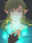  1boy artist_name bangs blonde_hair blue_eyes blue_tunic earrings fingerless_gloves gloves glowing grey_background highres jewelry link long_hair looking_at_hand male_focus nito_minatsuki parted_bangs pointy_ears sidelocks solo the_legend_of_zelda the_legend_of_zelda:_breath_of_the_wild thick_eyebrows upper_body 