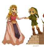  1boy 1girl belt blonde_hair blue_eyes blush bracelet child closed_eyes collaboration commentary dress from_side green_headwear hetero jewelry juliet_sleeves kiss link long_dress long_sleeves male_child pointy_ears princess_zelda puffy_sleeves skirt_hold the_legend_of_zelda the_legend_of_zelda:_ocarina_of_time tokuura tree upper_body watermark young_link young_zelda 