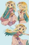 1girl artist_name belt blonde_hair blue_eyes blush dress floating_hair gloves highres jewelry long_dress long_hair multicolored_hair multiple_persona necklace parted_lips pink_dress princess_zelda the_legend_of_zelda the_legend_of_zelda:_spirit_tracks the_legend_of_zelda:_the_wind_waker tokuura