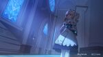  1girl bangs barbara_(genshin_impact) blonde_hair blue_eyes commentary_request dated dress feet_out_of_frame genshin_impact headdress highres indoors long_hair long_sleeves newflame night pantyhose solo standing twintails white_dress window 