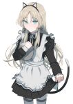  absurdres an-94_(girls&#039;_frontline) animal_ear_legwear animal_ears apron bad_id bad_pixiv_id bangs black_dress black_ribbon blonde_hair blue_eyes cat_ears cat_tail clothes_pull dress dress_pull fake_animal_ears fake_tail frilled_apron frills fuku00 girls_frontline hair_ribbon highres holding holding_tray long_hair long_sleeves looking_at_viewer maid maid_apron neck_ribbon pantyhose parted_bangs pleated_dress puffy_sleeves ribbon sidelocks simple_background smile tail tray white_background white_pantyhose white_ribbon 