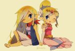 1girl alternate_hairstyle artist_name belt blonde_hair blue_eyes blush dress floating_hair gloves hairstyle_switch jewelry long_hair multicolored_hair necklace one_eye_closed parted_lips pink_dress princess_zelda sitting tetra the_legend_of_zelda the_legend_of_zelda:_the_wind_waker tokuura