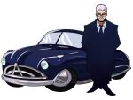  1boy car cars_(movie) collared_shirt doc_hudson facial_hair formal glasses ground_vehicle highres hudson_hornet male_focus motor_vehicle mustache necktie old old_man personification serious shirt simple_background standing suit tina_fate white_background 
