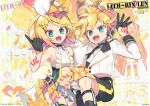  1boy 1girl anniversary aqua_eyes balloon bass_clef black_gloves black_shorts blazer blonde_hair bow clothing_cutout crown fortissimo frills gloves hair_bow halftone highres jacket kagamine_len kagamine_rin looking_at_viewer micro_shorts midriff_peek negi_(ulog&#039;be) official_art open_mouth short_ponytail shorts sleeveless smile spiky_hair stomach_cutout treble_clef two-sided_shorts two-tone_bow vocaloid 