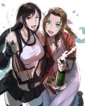  2girls aerith_gainsborough asymmetrical_bangs bangs bare_shoulders black_bra black_hair black_skirt black_thighhighs boots bottle bra braid braided_ponytail breasts brown_hair champagne_bottle choker collarbone crop_top cropped_jacket dress elbow_gloves elbow_pads final_fantasy final_fantasy_vii final_fantasy_vii_remake fingerless_gloves gloves green_eyes hair_between_eyes hair_ribbon highres holding holding_bottle jacket jjn_ff7 large_breasts long_dress long_hair looking_at_viewer low-tied_long_hair medium_breasts midriff multiple_girls one_eye_closed open_mouth parted_bangs pink_dress pink_ribbon pleated_skirt red_eyes red_jacket ribbon shirt short_sleeves sidelocks skirt sleeveless sleeveless_shirt smile sports_bra suspender_skirt suspenders thigh-highs tifa_lockhart underwear upper_body white_background white_shirt 