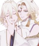  2boys bare_pectorals bishounen bisque blonde_hair earrings flower highres japanese_clothes jewelry long_hair lotus male_focus multiple_boys onmyoji pectorals taishakuten_(onmyoji) tassel tassel_earrings upper_body white_background 