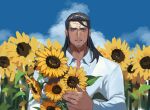  1boy black_hair day facial_hair flower holding holding_flower long_hair long_sleeves looking_at_viewer male_focus original outdoors scar scar_across_eye scar_on_face scar_on_forehead shirt solo stubble sunflower tatitutetra_(zumomo) upper_body white_shirt 