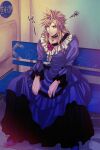  1boy beckey9415 bench between_legs blonde_hair blue_eyes choker cloud_strife collar crossdressing dress final_fantasy final_fantasy_vii final_fantasy_vii_remake flower frilled_collar frilled_dress frills full_body hair_between_eyes hand_between_legs highres long_hair long_sleeves male_focus official_alternate_costume parted_lips puffy_long_sleeves puffy_sleeves purple_dress ribbon_choker rose sitting solo spiky_hair sweatdrop tiara wavy_hair 