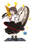  1girl asymmetrical_hair black_skirt boots brown_eyes brown_hair clock denciu hat holding holding_clothes holding_hat map moon_phases necktie one_eye_closed planet roman_numeral saturn_(planet) shirt short_hair skirt solo space star_(symbol) touhou usami_renko white_shirt 