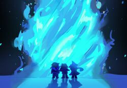  1boy 1girl 1other commentary dark_fountain_(deltarune) deltarune english_commentary fankatwojejmamy from_behind hat highres kris_(dark_world)_(deltarune) kris_(deltarune) long_hair ralsei ralsei_(hat) scarf silhouette susie_(dark_world)_(deltarune) susie_(deltarune) utdr_(toby_fox) witch_hat 