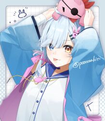  1girl :p absurdres asymmetrical_hair bandana blue_eyes blue_hair blue_jacket blue_sailor_collar blush buttons commentary_request commission grid_background hair_ornament hairclip heterochromia highres indie_virtual_youtuber jacket jackie_(pahichannel) orange_eyes pahichannel pink_jacket pon_kichi rabbit_hair_ornament red_bandana sailor_collar shirt short_hair skeb_commission sleeveless sleeveless_shirt smile solo tongue tongue_out twitter_username two-sided_fabric two-sided_jacket upper_body white_shirt 