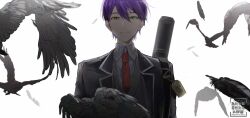  1boy bird black_feathers closed_mouth collared_shirt commentary_request crow falling_feathers feathers flock green_eyes grey_jacket hair_between_eyes half-closed_eyes highres iro_(26136210) jacket kenmochi_touya kenmochi_touya_(1st_costume) lapels looking_at_viewer male_focus necktie nijisanji notched_lapels open_clothes open_jacket purple_hair red_necktie shirt short_hair simple_background smile solo straight-on upper_body virtual_youtuber watermark weapon_bag white_background white_shirt 