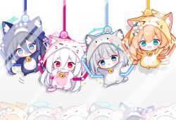  4girls :d animal_costume animal_ear_fluff animal_hood aris_(blue_archive) black_hair blue_archive blue_eyes blue_halo blush_stickers cat_costume cat_hood chibi chibi_only commentary_request crane_game double-parted_bangs grey_hair hair_between_eyes halo highres hood hood_up kei_(blue_archive) korean_commentary long_hair long_hair_between_eyes looking_at_viewer mari_(blue_archive) multiple_girls onesie open_mouth rectangular_halo red_eyes shiroko_(blue_archive) short_hair simple_background smile subin_(subin_2011) v-shaped_eyebrows very_long_hair white_background yellow_halo 