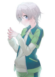  1boy :/ androgynous ayumu-k bloom blue_eyes closed_mouth commentary_request cowboy_shot fingernails from_side girly_boy green_jacket green_shorts grey_hair grey_shirt hair_between_eyes highres jacket layered_sleeves light_blush long_sleeves looking_at_viewer male_focus open_clothes open_jacket own_hands_together shirt short_hair short_over_long_sleeves short_sleeves shorts sidelocks simple_background solo standing steepled_fingers totsuka_saika track_jacket trap variant_set white_background yahari_ore_no_seishun_lovecome_wa_machigatteiru. 
