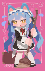 1girl absurdres animal_ears apron artist_name bang_dream! bang_dream!_it's_mygo!!!!! black_dress black_ribbon blue_hair blush broom cat_ears cat_girl cat_tail dated diamond-shaped_pupils diamond_(shape) dress extra_ears flying_sweatdrops highres holding holding_broom kekego long_hair maid maid_apron maid_headdress neck_ribbon pantyhose pink_background red_ribbon ribbon solo suitcase symbol-shaped_pupils tail togawa_sakiko twintails very_long_hair white_apron white_pantyhose yellow_eyes 