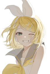  1girl aqua_eyes arutairu_0609 blonde_hair bow breasts commentary grey_sailor_collar hair_bow hair_ornament hairclip headphones headset highres kagamine_rin neckerchief one_eye_closed parallel_hairclips sailor_collar shirt short_hair simple_background small_breasts smile treble_clef untranslatable_commentary vocaloid white_background white_bow white_shirt yellow_neckerchief yellow_trim 