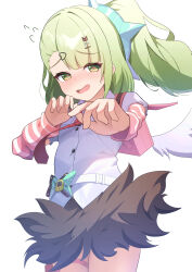  1girl absurdres angels_of_delusion arm_warmers backpack bag bandaid bandaid_hair_ornament belt blush bow collared_shirt commentary_request dress_shirt fur-trimmed_skirt fur_trim green_eyes green_hair hair_ornament hairclip heart heart_hair_ornament highres looking_at_viewer loose_necktie miniskirt multiple_hairclips natukuzira necktie open_mouth peanut_mouth pink_arm_warmers pink_bag polka_dot polka_dot_bow ponytail randoseru red_necktie shirt short_sleeves skirt solo striped_arm_warmers sunna_(zenless_zone_zero) thigh_strap white_belt white_shirt white_wings winged_bag wings x_hair_ornament y2k_fashion zenless_zone_zero 