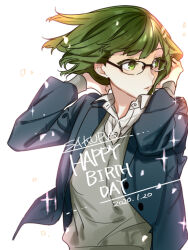 1girl black-framed_eyewear character_name collared_shirt commentary_request dated floating_clothes floating_hair glasses green_eyes green_hair grey_sweater hagiwara_daisuke hands_up happy_birthday hori-san_to_miyamura-kun jacket katagiri_senior_high_school_uniform kouno_sakura layered_clothes layered_sleeves long_sleeves open_clothes open_collar open_jacket parted_lips school_uniform shirt solo sweater unbuttoned_jacket upper_body wing_collar 