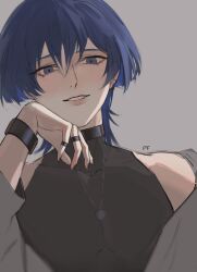  1boy absurdres alternate_costume bishounen black_hair black_nails black_shirt blunt_ends blurry bracelet casual commentary constricted_pupils contemporary covered_collarbone depth_of_field eyelashes fingernails genshin_impact grey_background grey_eyes grey_sleeves hand_on_own_cheek hand_on_own_face hand_up highres jewelry long_sleeves looking_at_viewer male_focus open_mouth paulinfeinberg pectorals pinky_ring portrait scaramouche_(genshin_impact) shirt shoulder_peek skin_tight solo toned toned_male undershirt untranslatable_commentary white_mouth wispy_bangs 