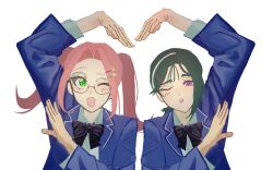  2girls :o ;o alien_stage black_bow black_bowtie black_hair blazer blue_jacket bow bowtie commentary diagonal-striped_bow diagonal-striped_bowtie diagonal-striped_clothes glasses green_eyes hair_ornament hairband hairclip heart_arms heart_arms_duo highres jacket meisakimira mizi_(alien_stage) multiple_girls official_alternate_costume one_eye_closed open_mouth pink_hair school_uniform smile striped_bow striped_bowtie striped_clothes sua_(alien_stage) twintails untranslatable_commentary violet_eyes white_hairband 