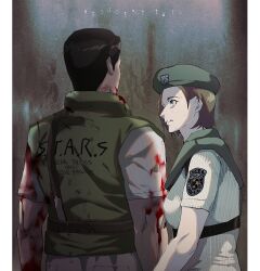  1boy 1girl absurdres beret black_hair blood blood_on_clothes blood_on_face blue_hat blue_shirt brown_hair chris_redfield commentary_request copyright_name hat highres jill_valentine ninyunyan resident_evil resident_evil_1 shirt short_hair shoulder_pads 