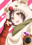  1girl animal_hood black_hair blush button_eyes fang final_fantasy final_fantasy_vii final_fantasy_vii_remake fingerless_gloves gloves green_scarf hair_between_eyes headband highres holding hood hood_up materia moogle nalu open_mouth orange_gloves scarf short_hair smile solo star_(symbol) striped striped_background v yellow_eyes yuffie_kisaragi 