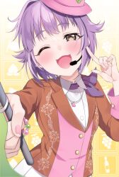  1girl bead_bracelet beads bracelet brown_eyes brown_jacket chestnut_mouth collared_shirt commentary_request contrapposto flag gradient_background grey_hair hair_flaps hat headset highres holding holding_flag idolmaster idolmaster_cinderella_girls index_finger_raised jacket jewelry koshimizu_sachiko long_sleeves multicolored_jacket nako_narita neckerchief no_panties official_alternate_costume peach_ornament pink_hat pink_jacket pink_nails pleated_skirt pointing pointing_at_self purple_neckerchief raised_eyebrows shirt short_hair skirt solo two-tone_jacket upper_body white_shirt white_skirt yellow_background 