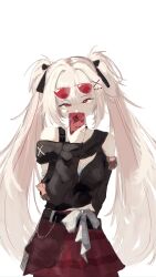  1girl absurdres arm_behind_back bare_shoulders blunt_bangs breasts cloudi_p commentary cowboy_shot eyewear_on_head facial_mark hair_ornament hair_ribbon head_tilt heart heart_facial_mark highres holding holding_phone honkai:_star_rail honkai_(series) long_hair long_sleeves looking_at_viewer medium_breasts official_alternate_costume official_alternate_hairstyle phone pink_eyes red_skirt ribbon shade sidelocks simple_background skirt solo sparkle_(honkai:_star_rail) sparxie_(candy-coated_waves)_(honkai:_star_rail) sparxie_(honkai:_star_rail) standing stuffed_animal stuffed_toy sunglasses teddy_bear twintails two_side_up untranslatable_commentary very_long_hair white_background white_hair x_hair_ornament 