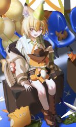  1girl absurdres animal_ear_fluff animal_ears argyle_clothes argyle_socks arknights balloon black_shoes blonde_hair brown_jacket brown_socks chair fox fox_ears fox_girl full_body hair_ornament hairclip highres infection_monitor_(arknights) inu_to_milk jacket looking_at_viewer notched_ear off_shoulder open_clothes open_jacket red_eyes shirt shoes short_hair sitting socks solo striped_clothes striped_shirt suitcase vermeil_(arknights) white_shirt 
