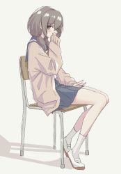  1girl blue_sailor_collar blue_skirt blush brown_cardigan brown_eyes brown_hair cardigan chair commentary_request covering_own_mouth from_side full_body grey_background hand_up highres kamonokichi long_sleeves looking_at_viewer low_twintails neckerchief on_chair open_cardigan open_clothes original pleated_skirt red_neckerchief sailor_collar school_chair school_uniform serafuku shadow shirt shoes simple_background sitting skirt sleeves_past_wrists socks solo twintails uwabaki white_background white_socks 