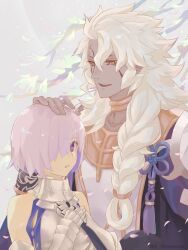  1boy 1girl aopix_001 armor armored_dress braid collar commentary_request dark-skinned_male dark_skin dress fate/grand_order fate_(series) gauntlets hair_over_one_eye hair_over_shoulder hand_on_another's_head highres long_hair mash_kyrielight mash_kyrielight_(paladin) open_mouth petals pink_hair purple_hair sharp_teeth short_hair single_braid smile solomon_(fate) teeth upper_body violet_eyes white_hair yellow_eyes 